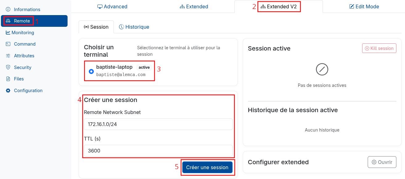 Screenshot of session creation