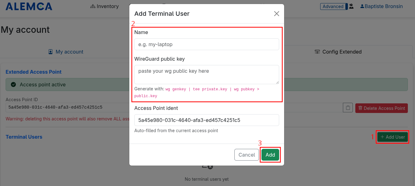 Screenshot of user creation