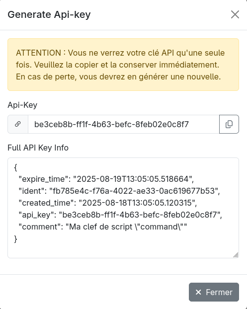 Page de résultat api key