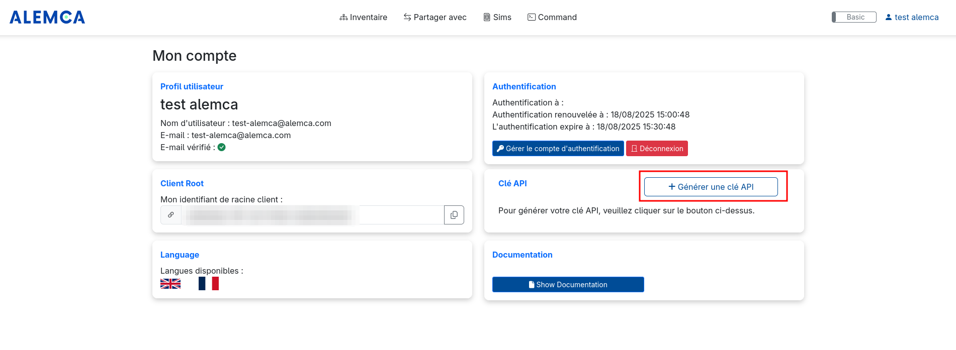 Page Gestion de Compte de test