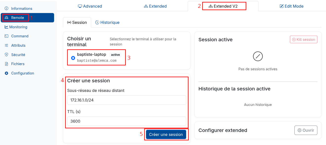 Capture d'écran de la création d'une session