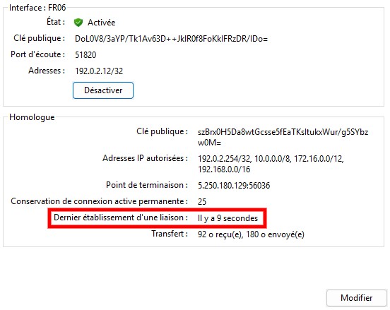 Capture d'écran d'une liaison VPN